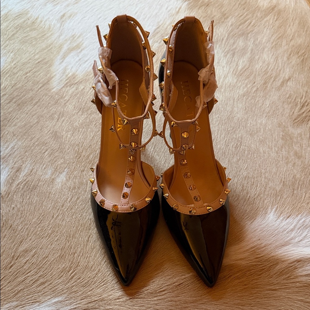 Chic Black and Tan Studded Heels